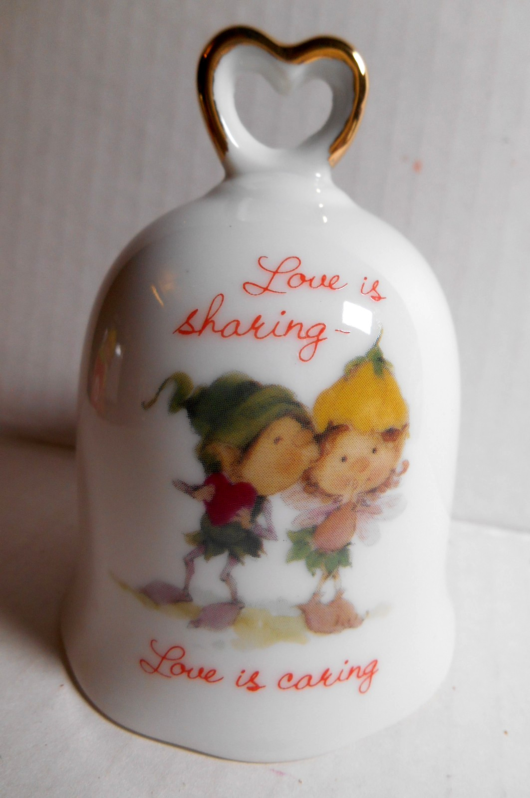 Vintage LOVE IS SHARING & CARING Whimsical Porcelain ELF PIXIES Fairy Bell 1978