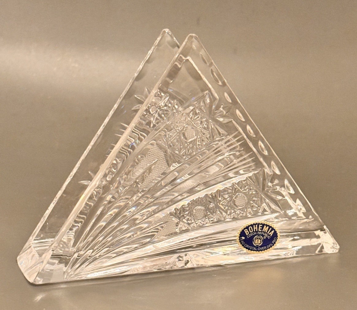 Vintage Bohemia Crystal Triangle Napkin Holder Cut Glass Pinwheel Box Czech 24% Vintage Bohemia Crystal Triangle Napkin Holder Cut Glass Pinwheel Box Czech 24%