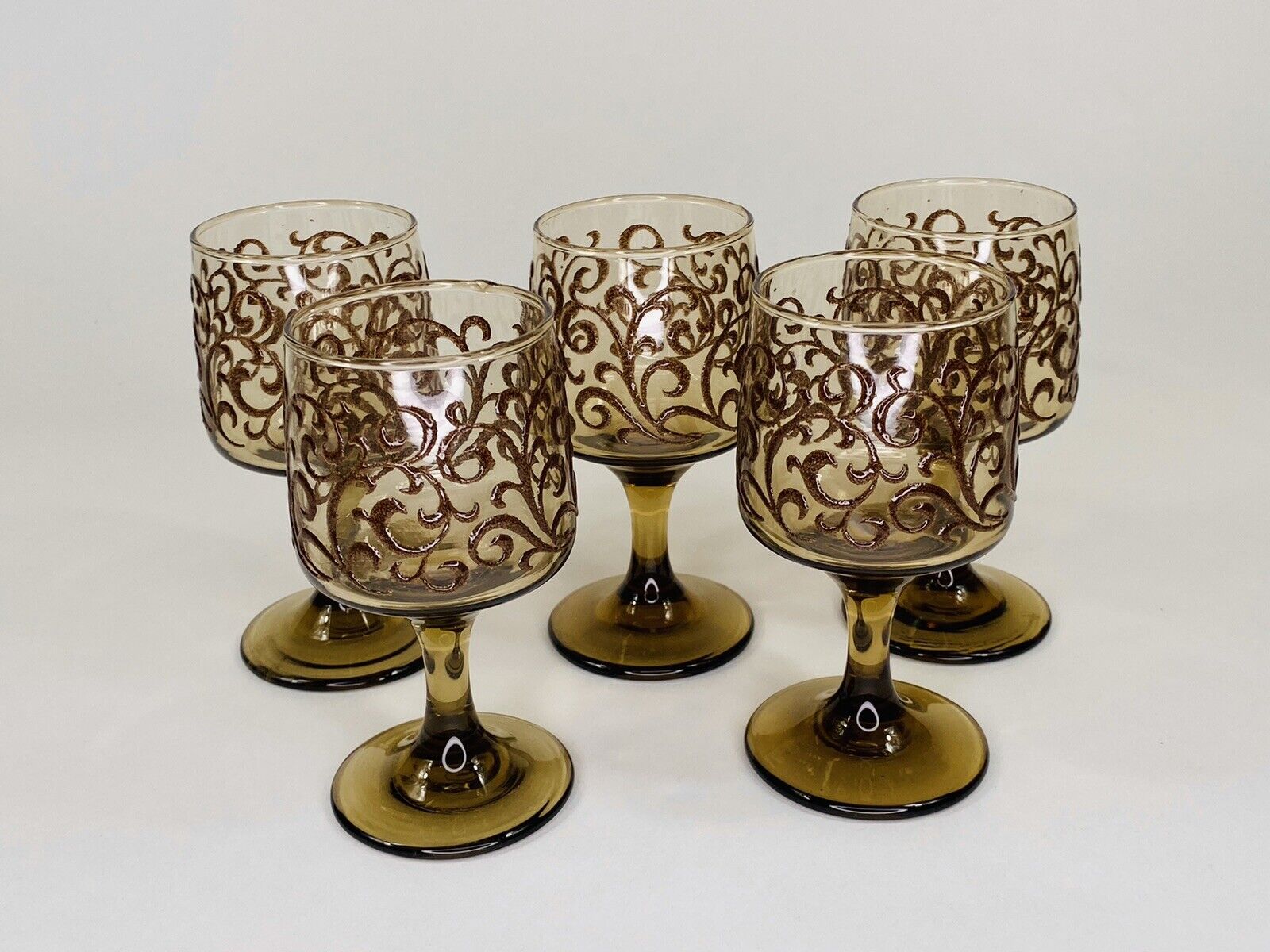 Set of 5, Wine Glass, goblet, Stemware, Brown Scroll Design, Mid Century vtg 
