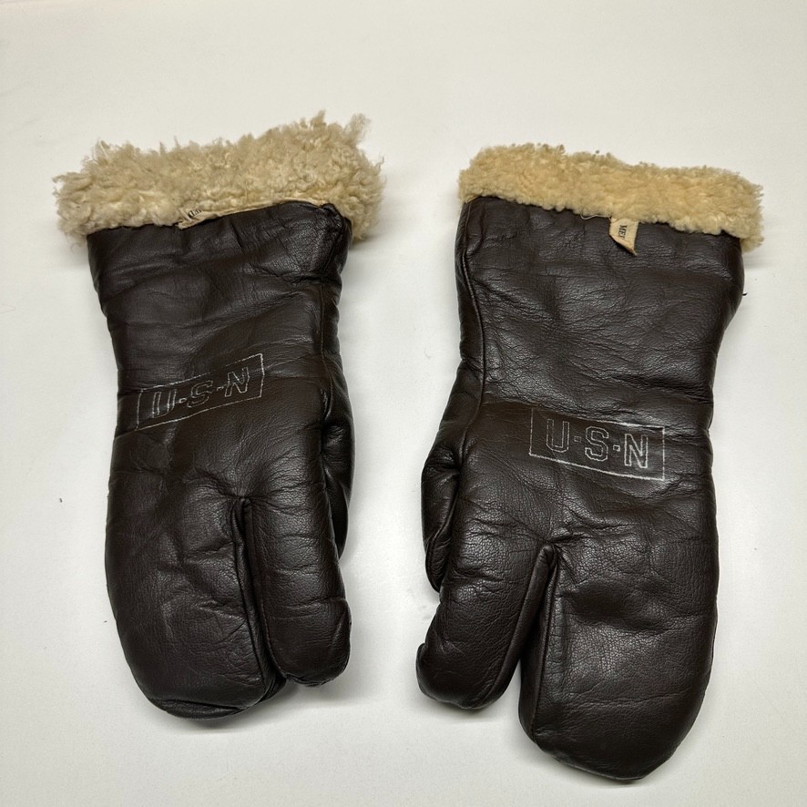Vintage US Navy USN Leather 3 Finger Mittens Shearling Cuffs Medium Military