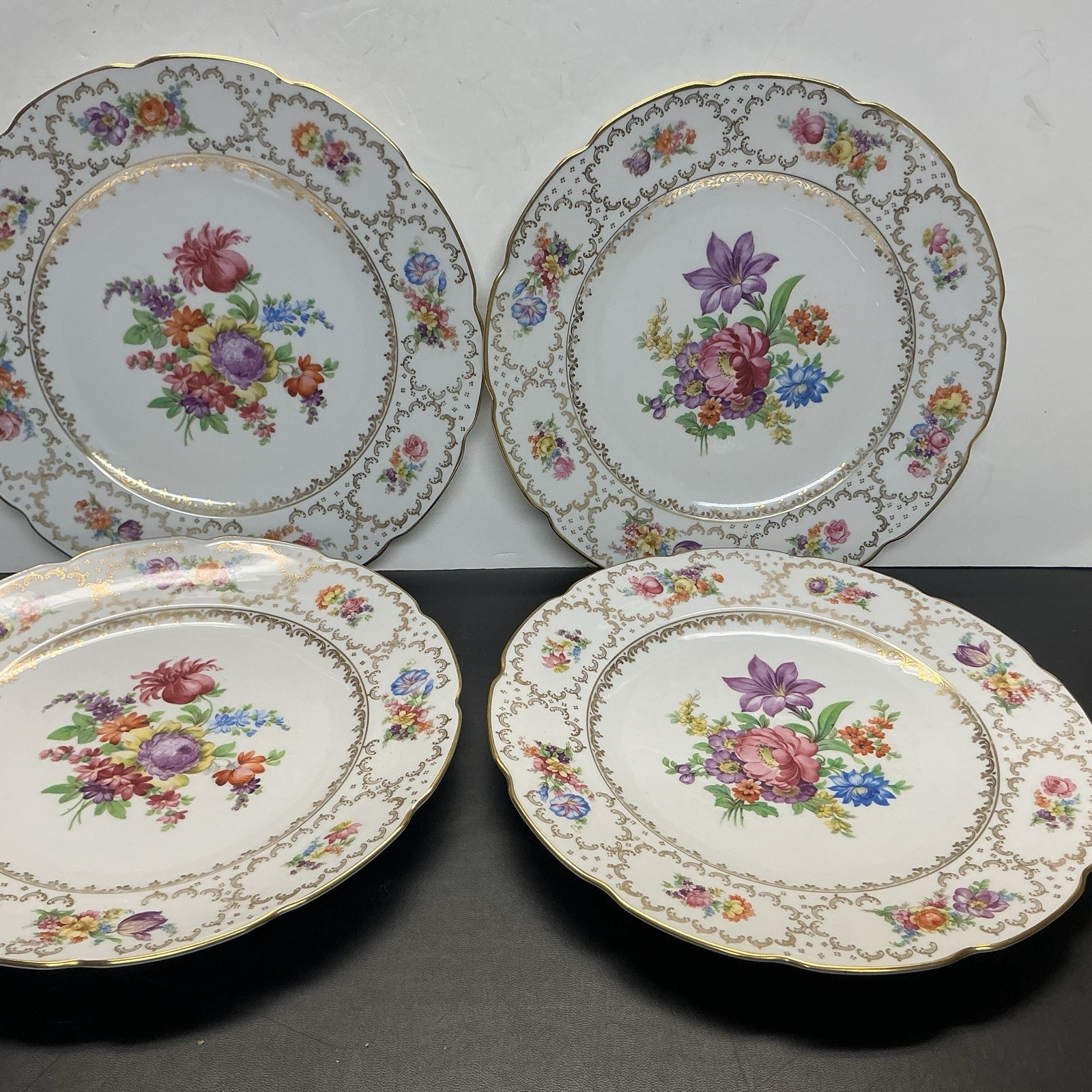 4 Schumann Bavaria Dresden Dinner Plates 11” Flowers Design Germany US Zone
