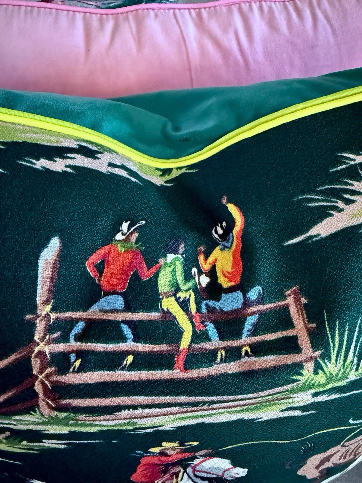 1940’s Rodeo Life Giddy Up Cowboy Western Barkcloth Pillow Cover Vintage Fabric 1940’s Rodeo Life Giddy Up Cowboy Western Barkcloth Pillow Cover Vintage Fabric