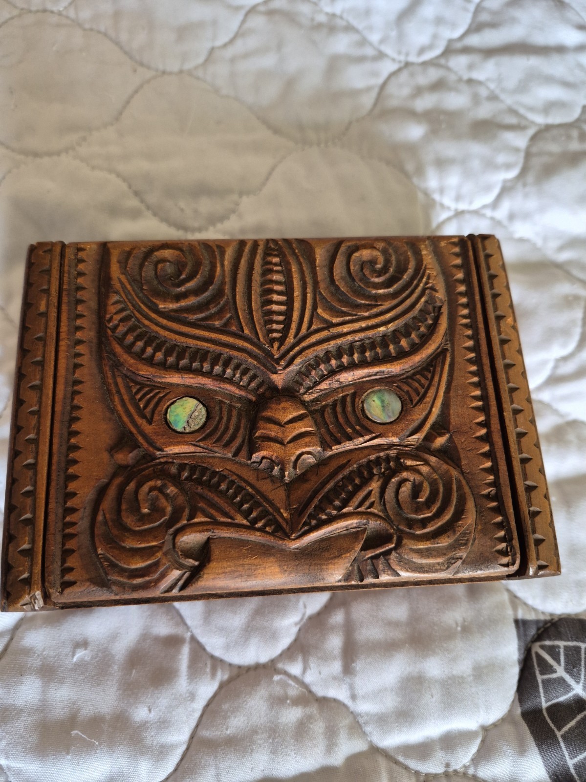 Vintage Maori Carved Wooden Box with Paua Eyes NZ Vintage Maori Carved Wooden Box with Paua Eyes NZ
