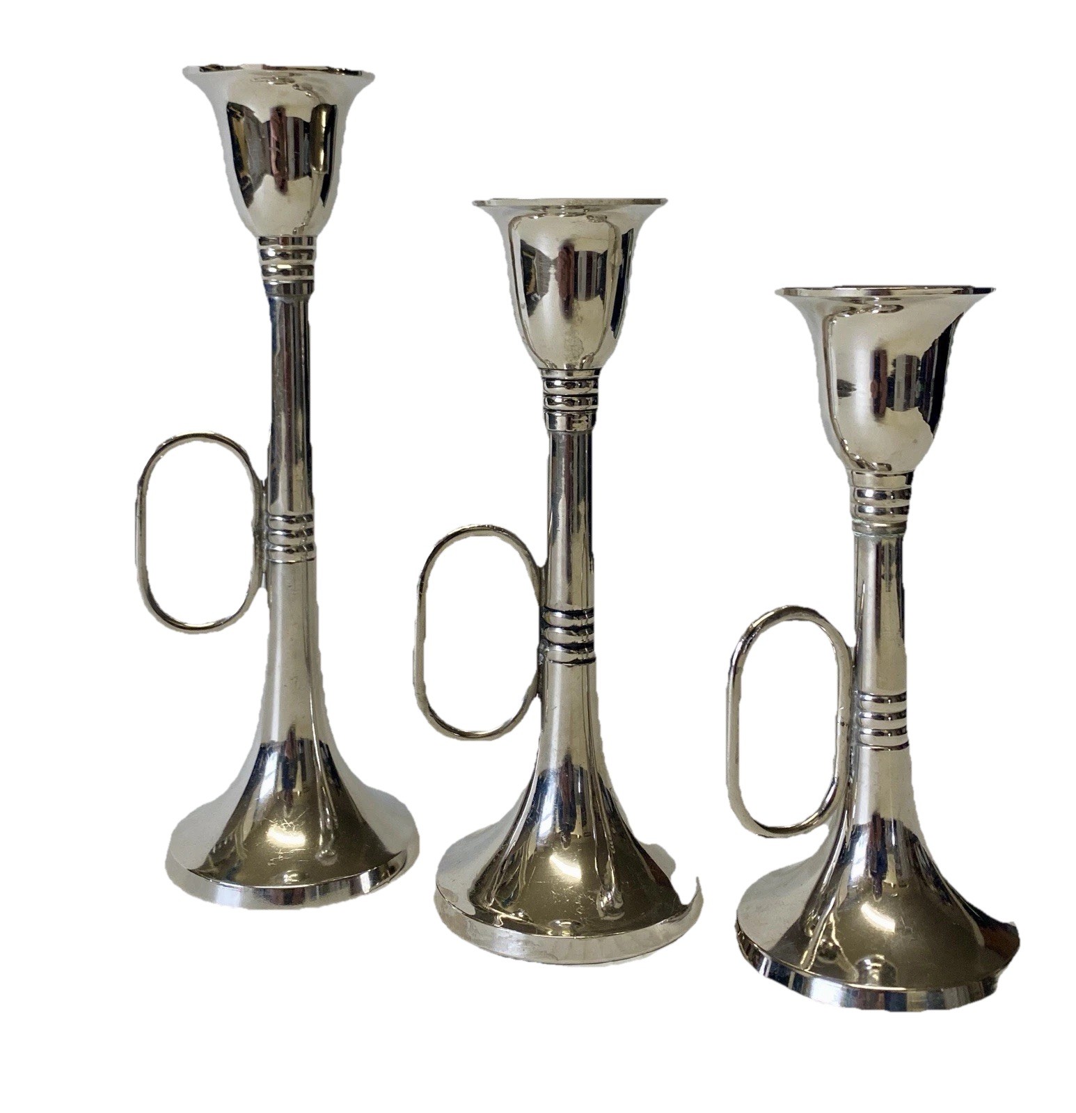 Vintage Silver Tone Candleholders Tapers Set of 3 Slender Trumpet Style 7” 6” 5”
