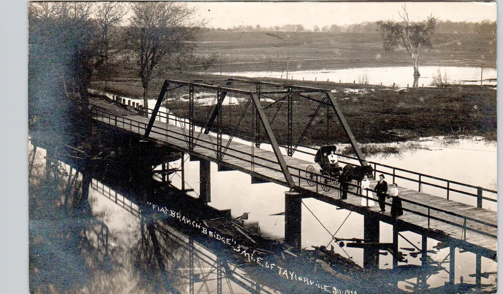 FLAT BRANCH BRIDGE taylorville il real photo postcard rppc Illinois horse buggy