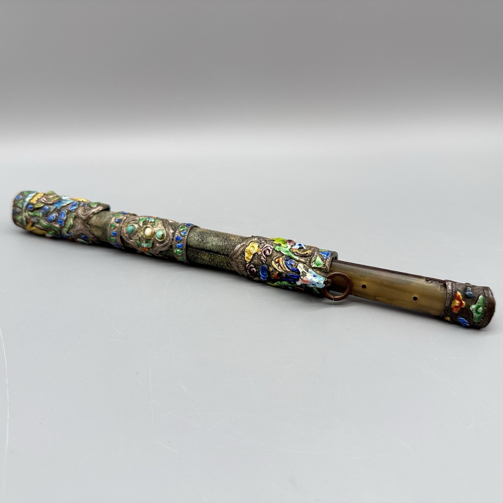 Rare Antique Chinese Repousse Qing Dynasty Chopsticks Knife Case Cloisonné Birds