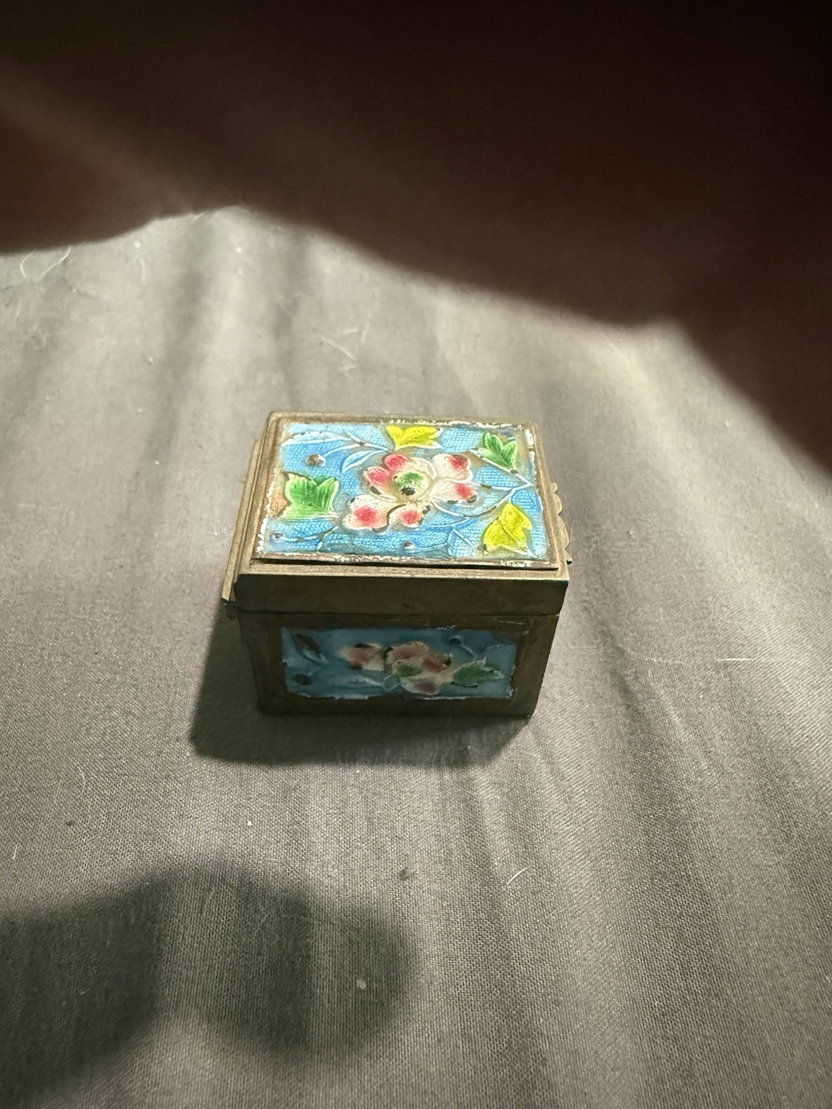 VIntage Chinese hinged champleve enamel floral stamp or trinket box. Early 1900s