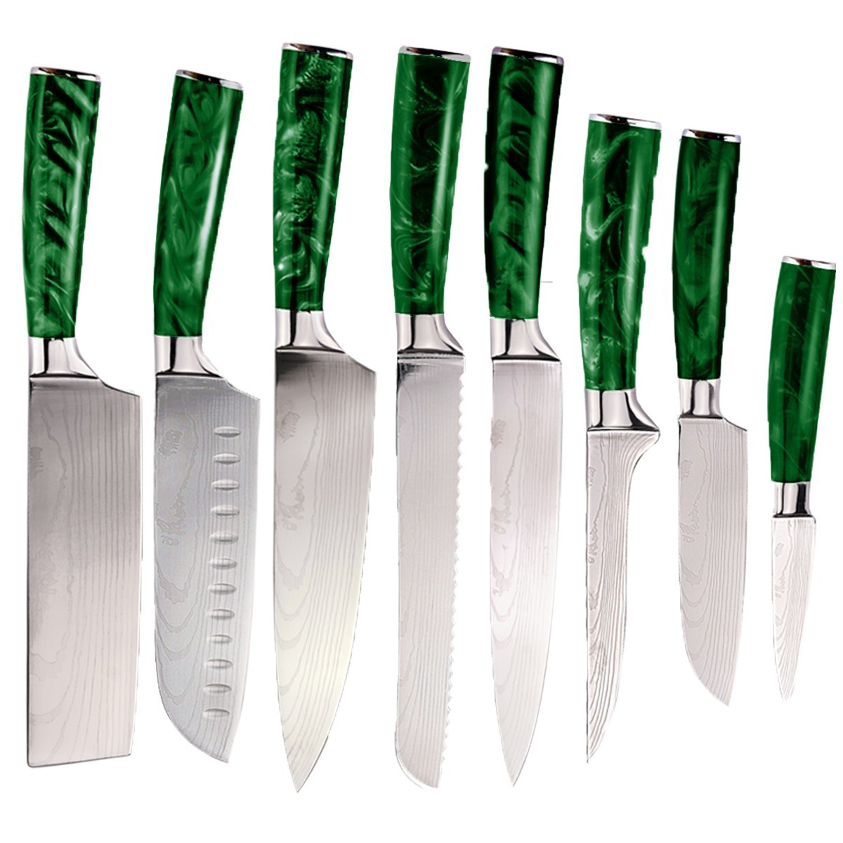 Green Resin Handle 8-Piece Knife Set with Laser Damascus Pattern Stainless Green Resin Handle 8-Piece Knife Set with Laser Damascus Pattern Stainless