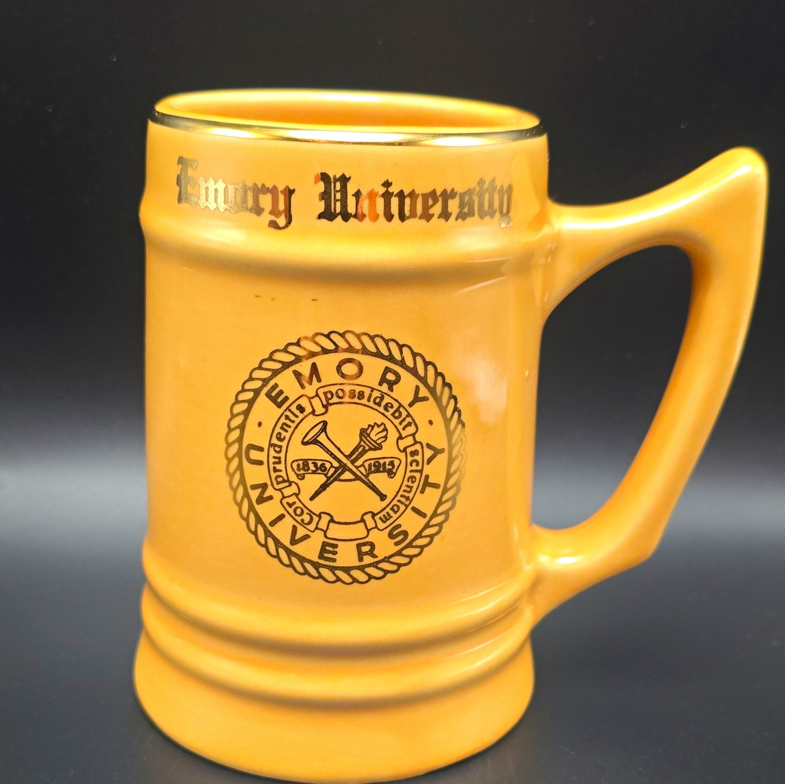 Vintage Emory University Ceramic Beer Stein Mug Yellow Gold Trim WC Bunting Co