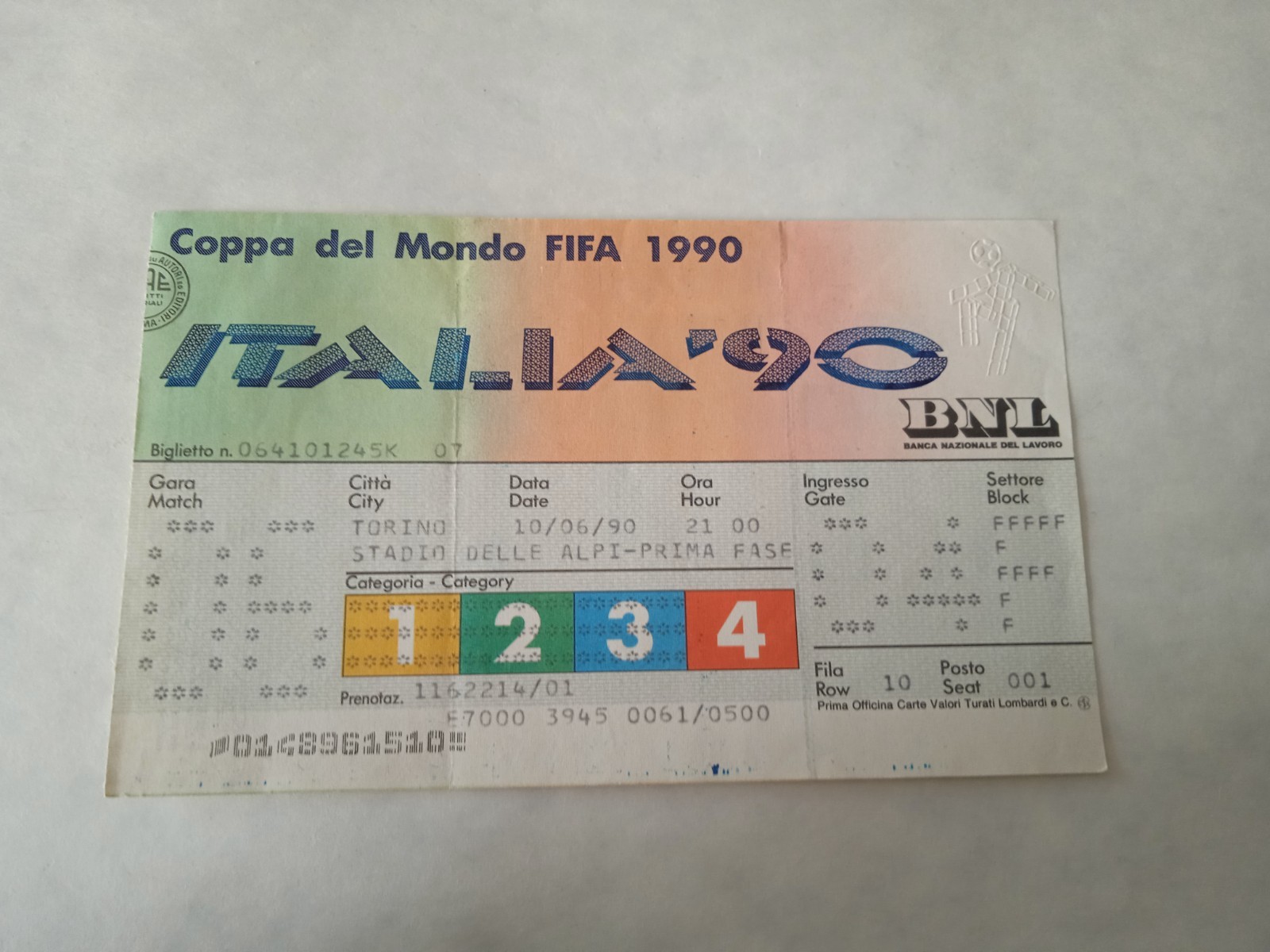 FIFA WORLD CUP 1990 - ITALY TICKET 90 STADIUM OF THE ALPS, TURIN FIFA WORLD CUP 1990 - ITALY TICKET 90 STADIUM OF THE ALPS, TURIN