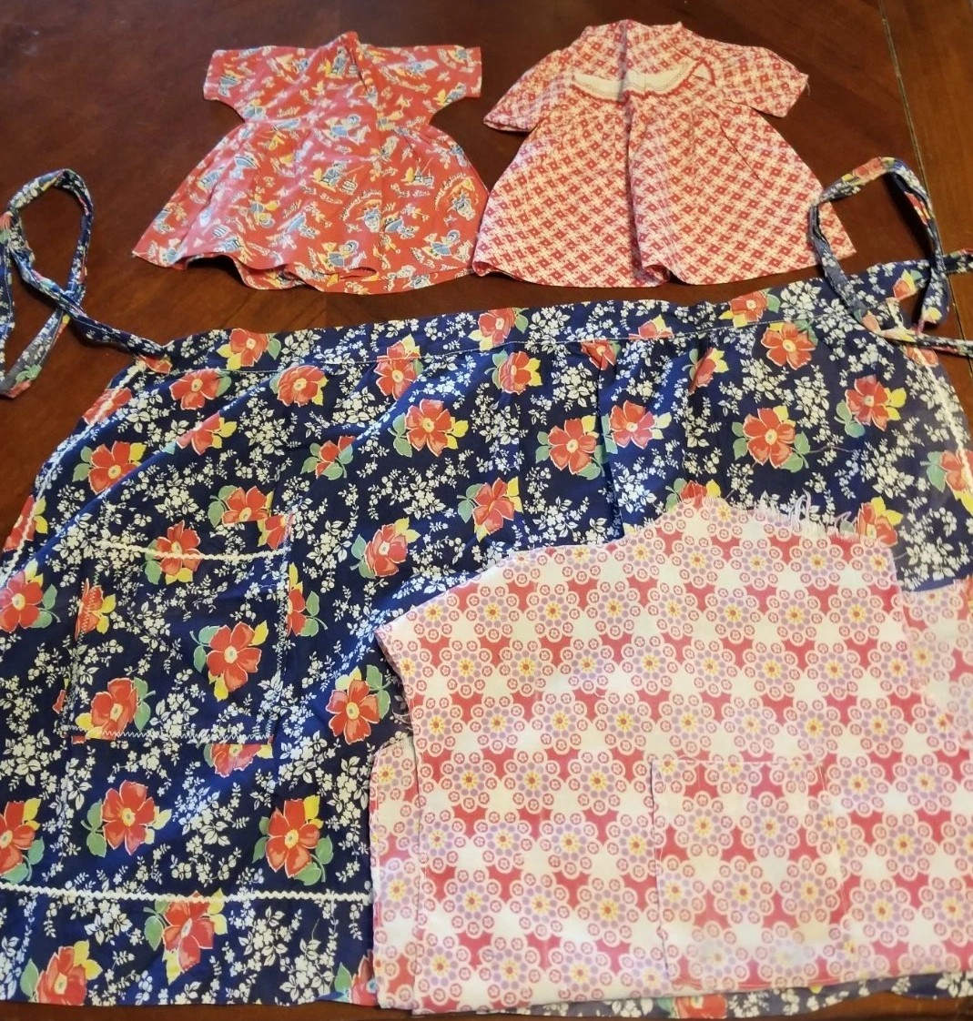 Feedsack Lot, 1/2 Apron, 2 Feedsack Doll Dresses. Extra Feedsack Fabric Included Feedsack Lot, 1/2 Apron, 2 Feedsack Doll Dresses. Extra Feedsack Fabric Included