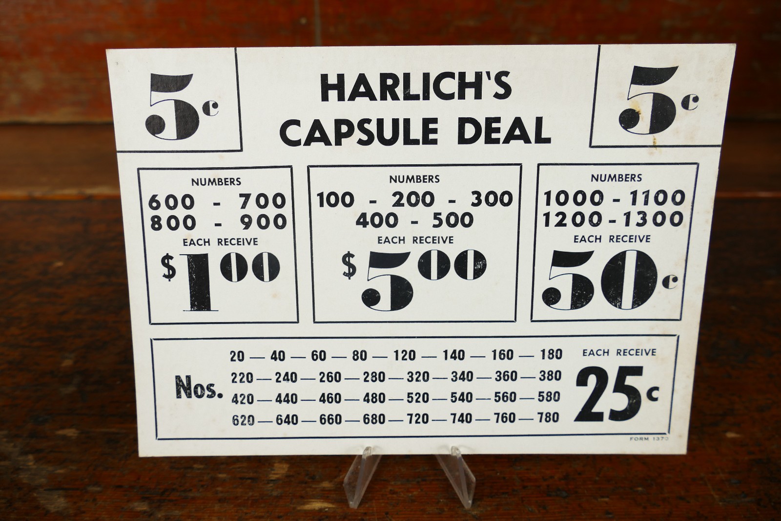 Vintage Harlich’s Capsule Deal Winners Payout 5 Cent Punch Board Display Card Vintage Harlich’s Capsule Deal Winners Payout 5 Cent Punch Board Display Card
