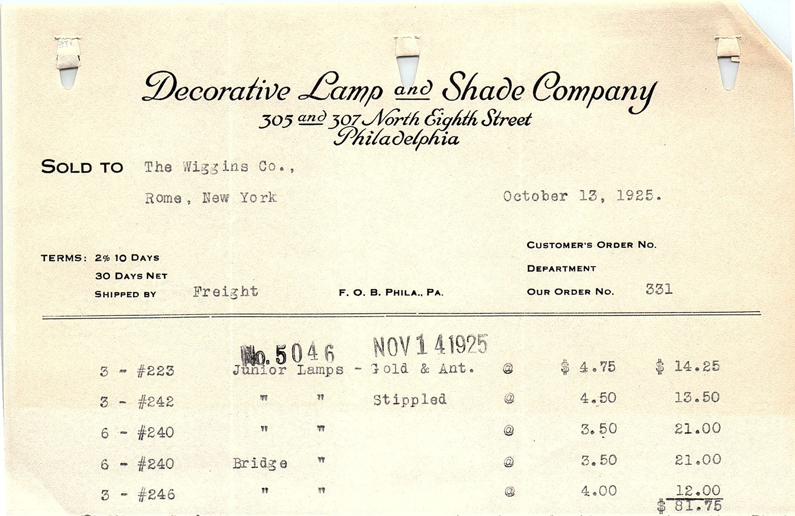 1925 Philadelphia Decorative Lamp & Shade Co. Billhead