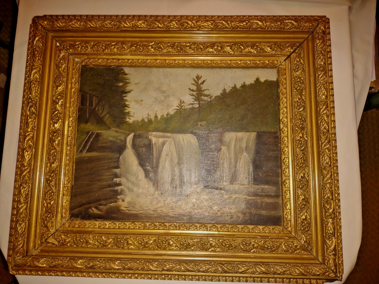Antique Victorian Gold Wood & Gesso Frame w/ Oil on Canvas Waterfall Painting