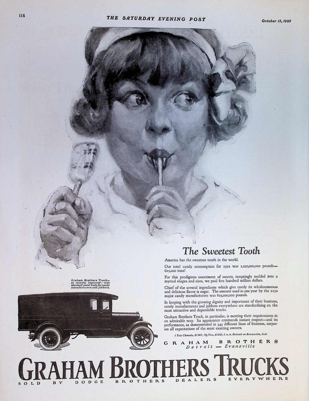 Original 1923 Graham Brothers Trucks Ad: Candy Delivery Van & Lollipop Girl Art
