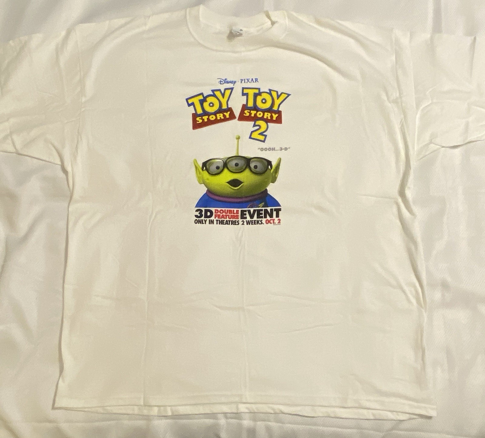 Disney Pixar Vintage Toy Story 1 & 2 3D Double Feature Movie Promo T-Shirt White Disney Pixar Vintage Toy Story 1 & 2 3D Double Feature Movie Promo T-Shirt White