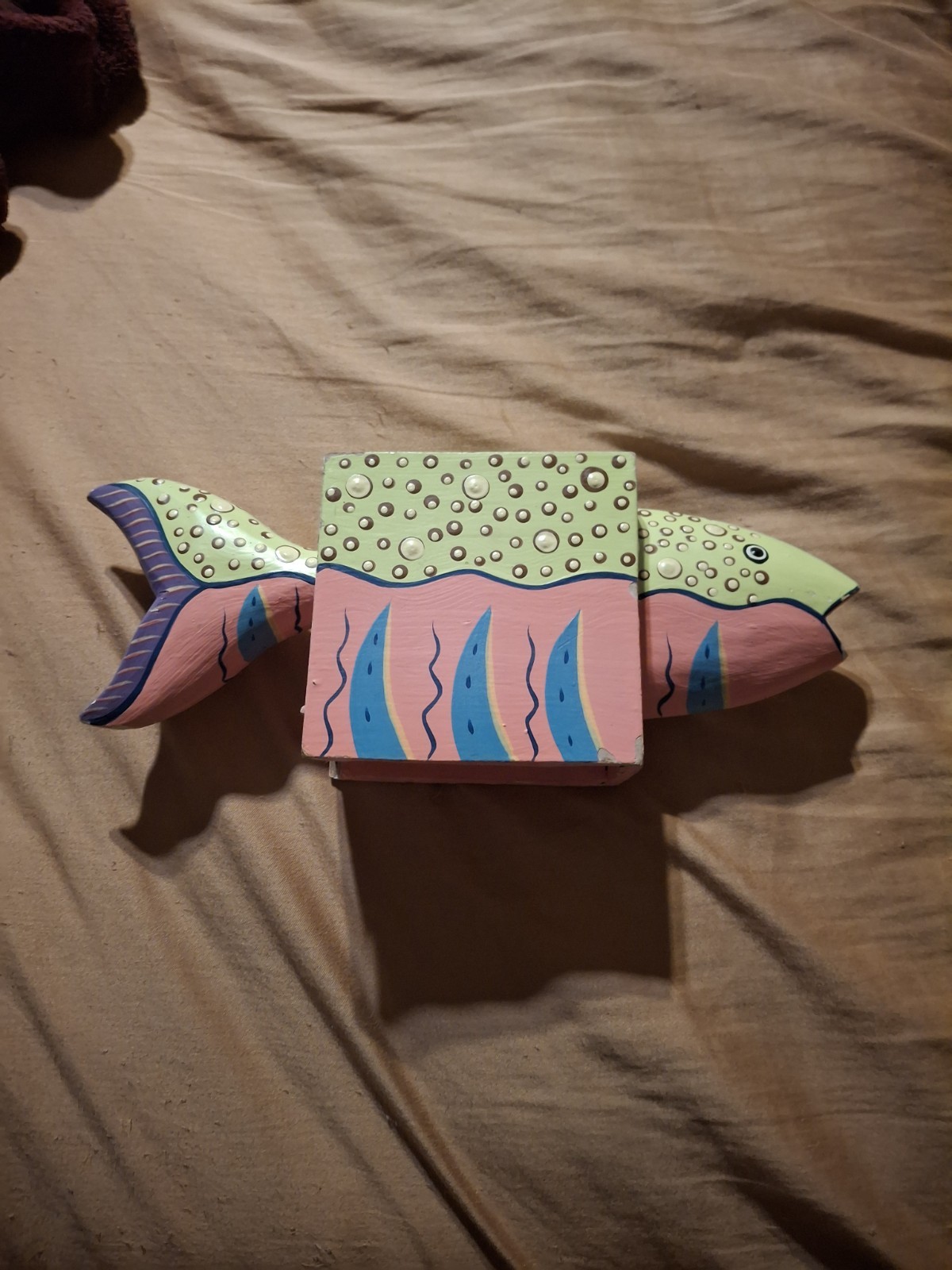 Vintage 90s Whimsical Wooden Fish Piggy Bank Hand Painted Folk Pastel Coin Box