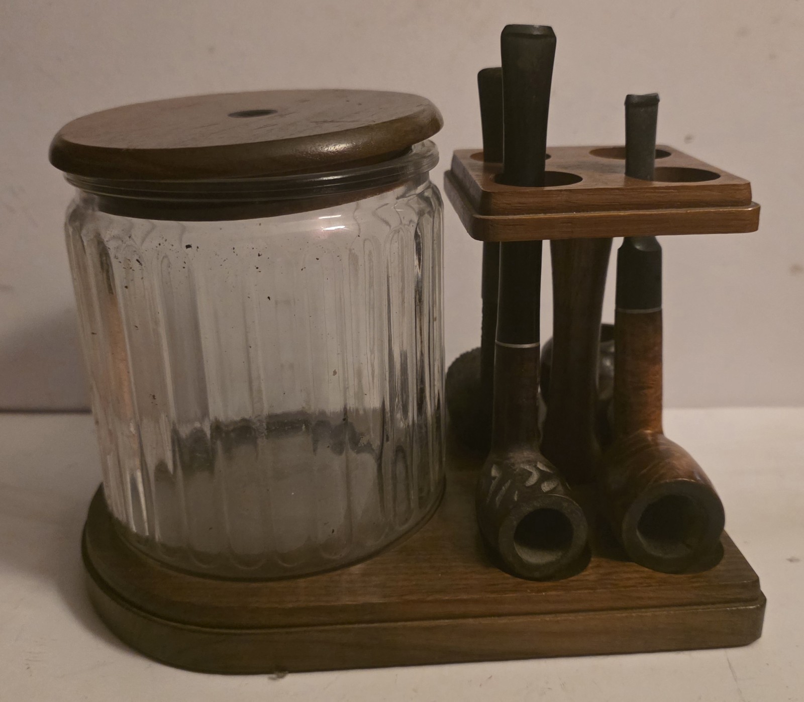 Vtg Decatur Industries Walnut Wood Pipe Rack Glass Humidor 5 Full Pipe Pipe Bowl