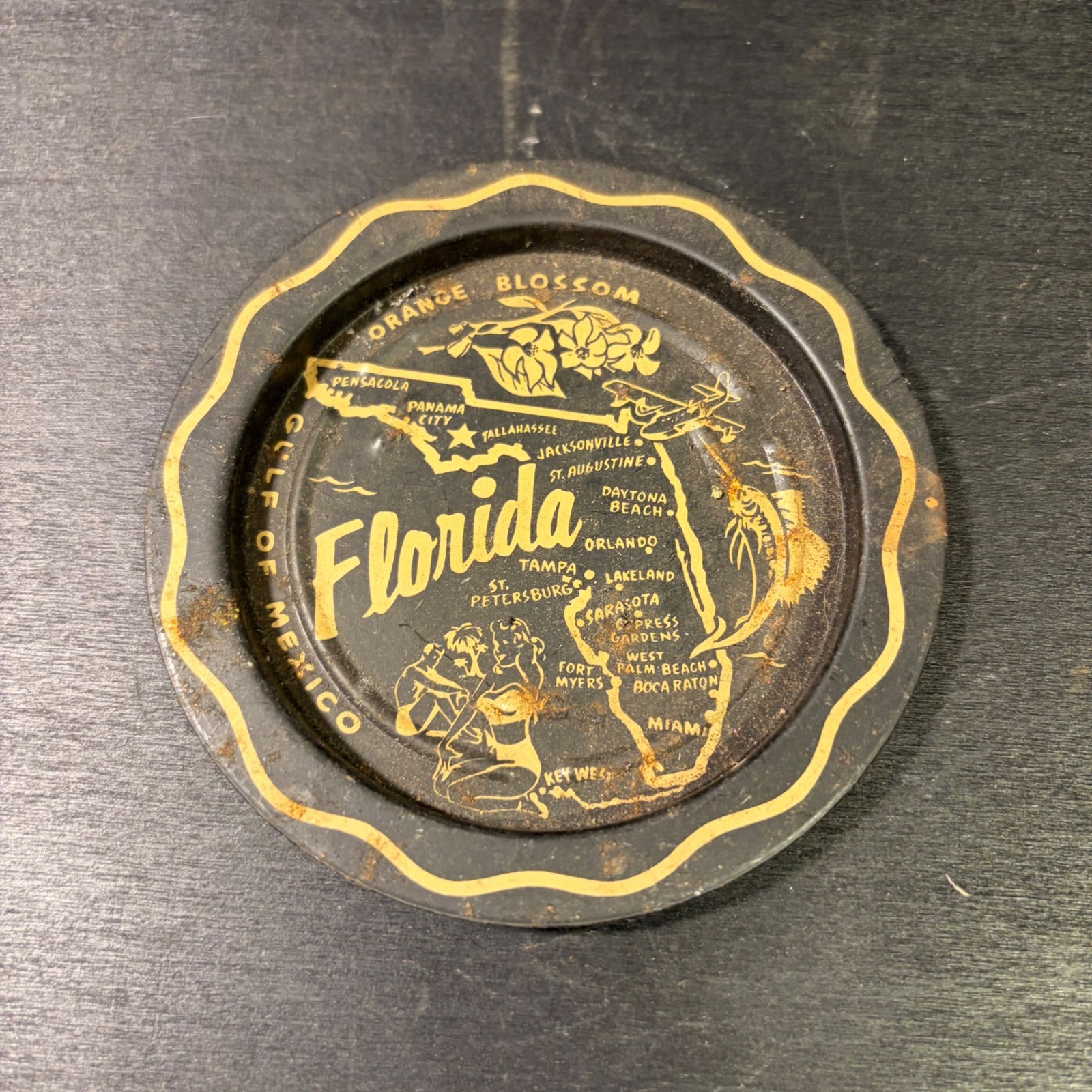 Vintage Florida State Map Souvenir Tin Tray Black Gold Scalloped Metal Coaster