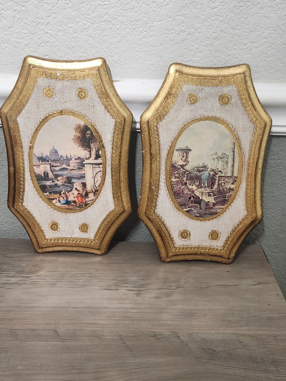 2 Vintage Italian Florentine wood wall Plaques Gold Gilt MCM Roman scenery 2 Vintage Italian Florentine wood wall Plaques Gold Gilt MCM Roman scenery