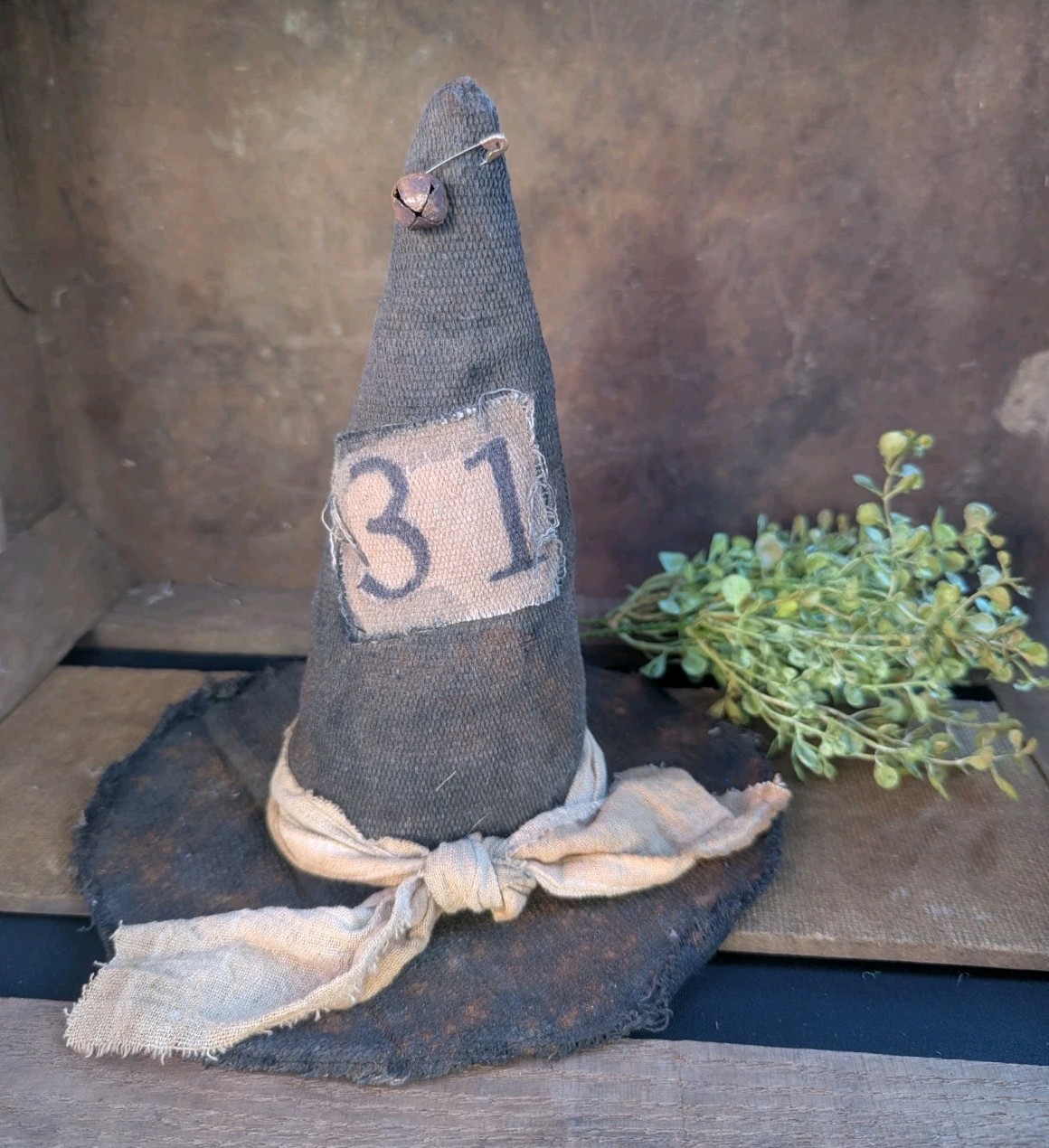 Handmade Grungy Halloween Stuffed Witch Hat Rusty Bell - Shelf Sitter Primitive