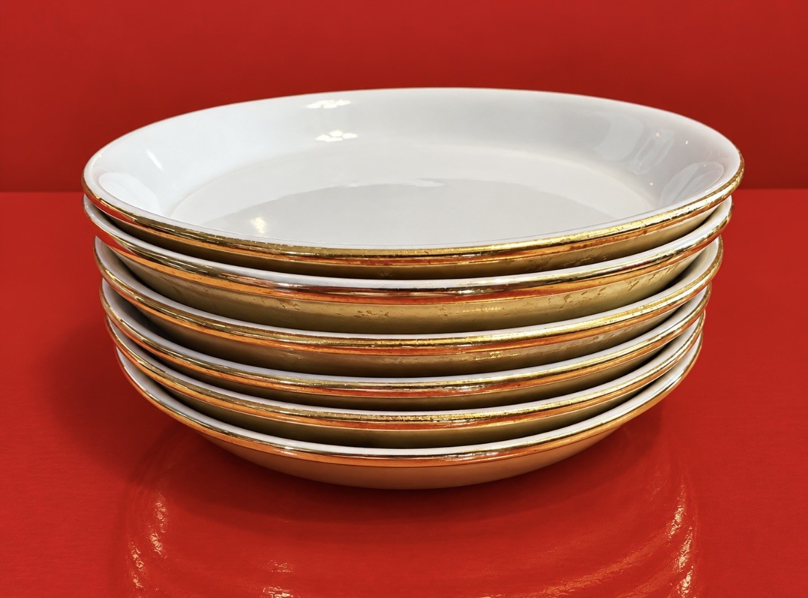 6 Vintage Hall China Georgetown Inn Golden Glo Dinner Plates 2188 Made in USA 6 Vintage Hall China Georgetown Inn Golden Glo Dinner Plates 2188 Made in USA