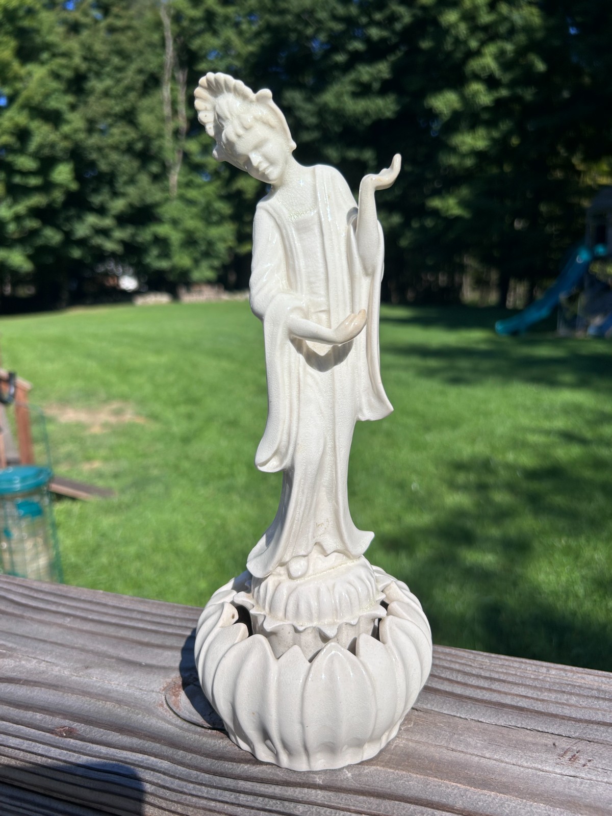 vintage mid century white glazed porcelain oriental lady lotus flower frog 11\