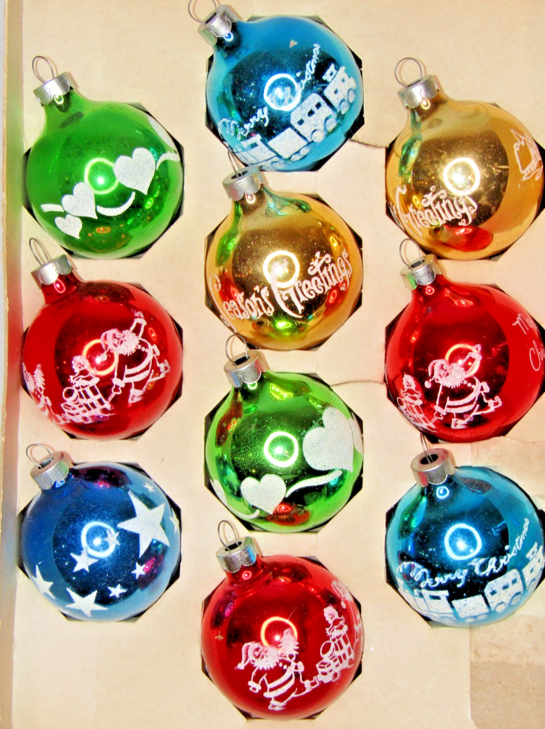 Lot VTG Glass Stencil Pictured TOY SANTA TRAIN BALL Christmas Ornaments Franke