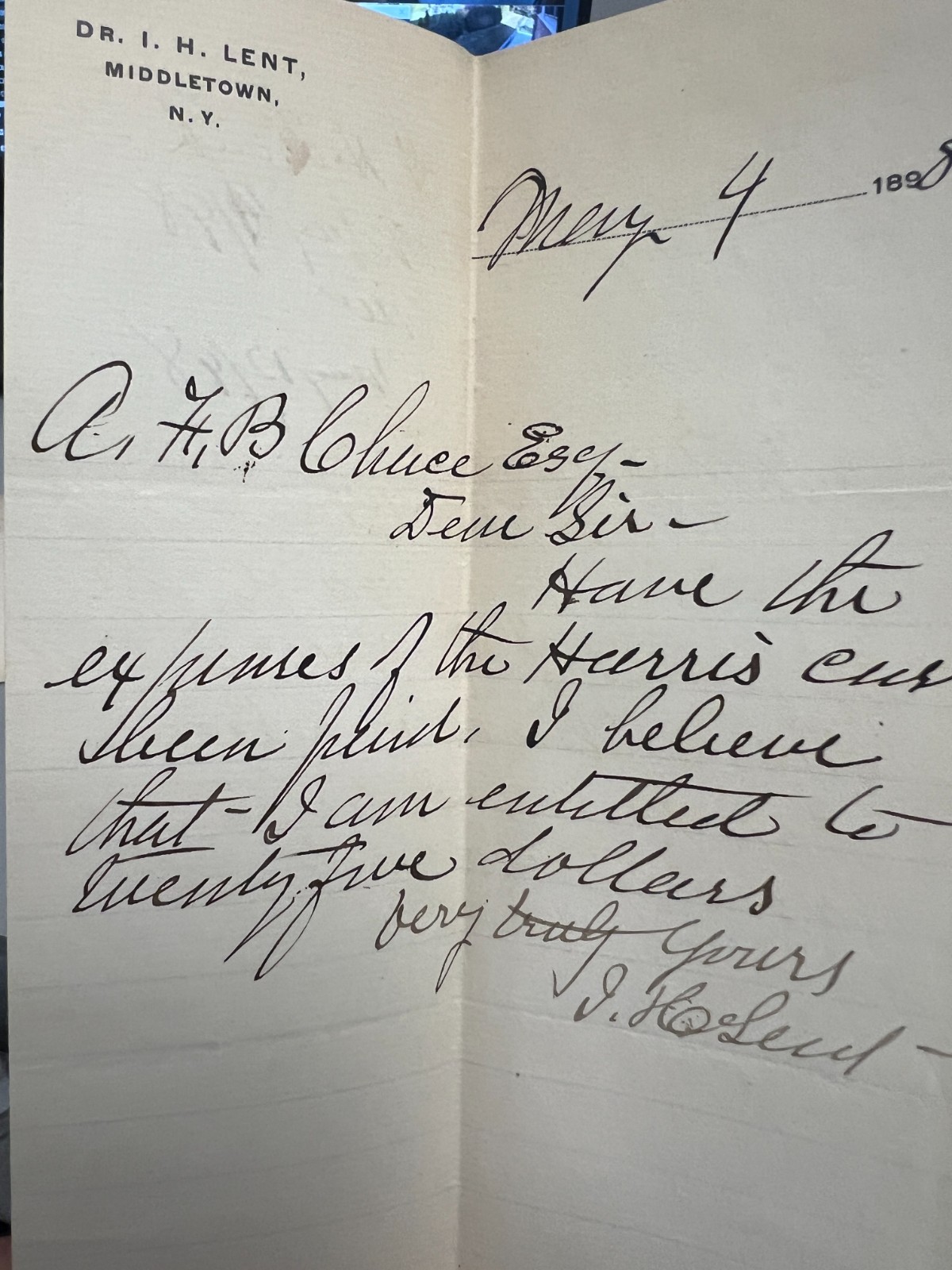 1898 Dr. I.H. Lent Middletown NY Handwritten Letter 1898 Dr. I.H. Lent Middletown NY Handwritten Letter