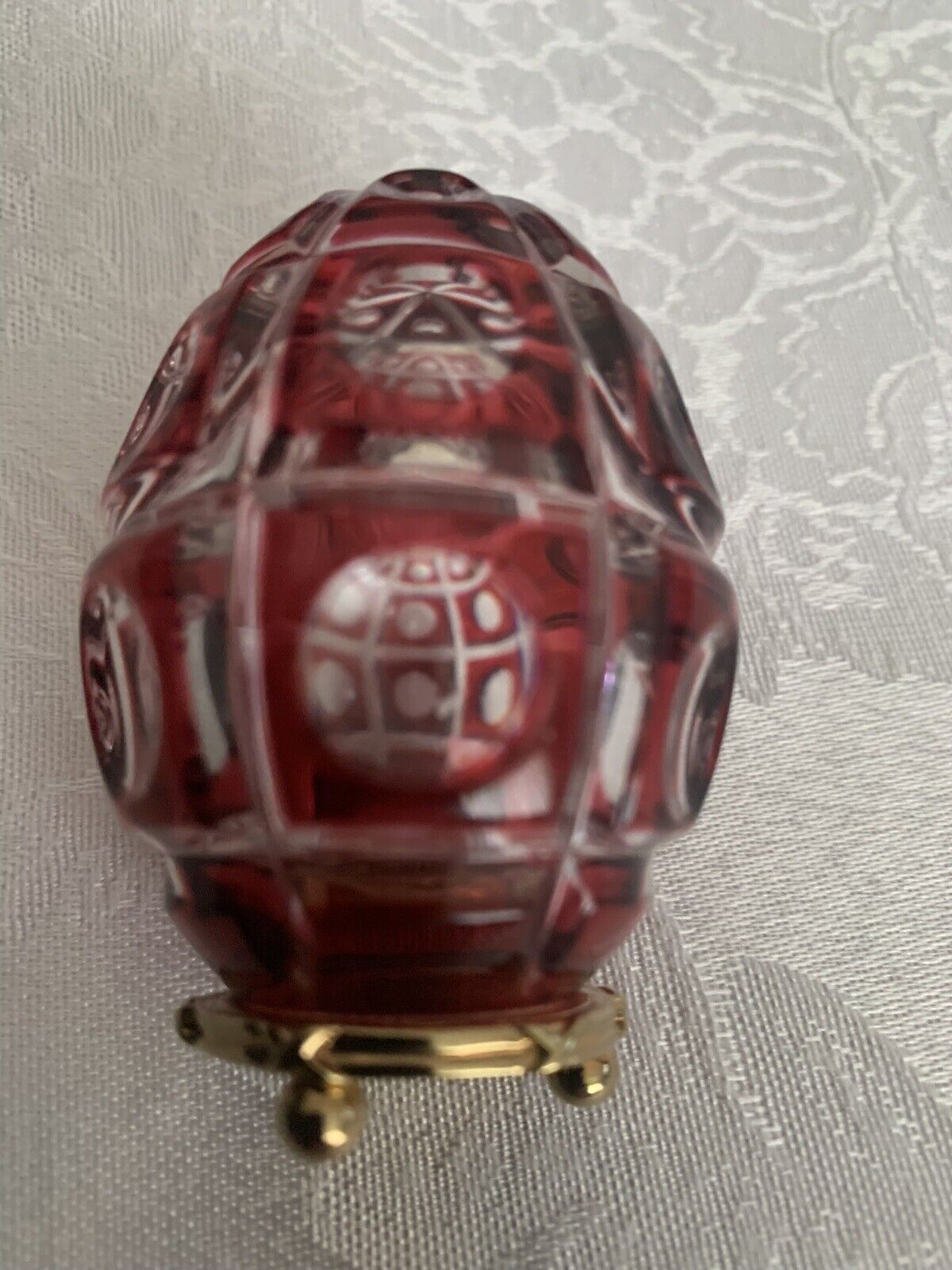 Faberge Cranberry Ruby Cut Etched Crystal Glass Egg