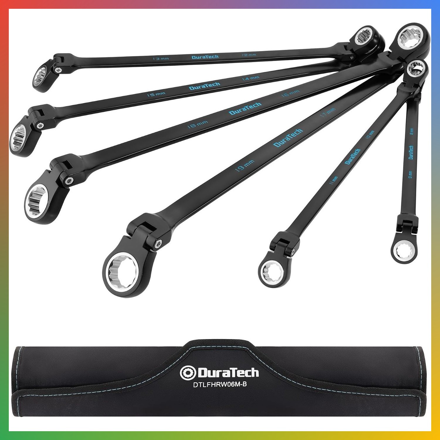 Extra Long Flex Head Ratchet Wrench Set 6 Piece Metric 8-19mm Black