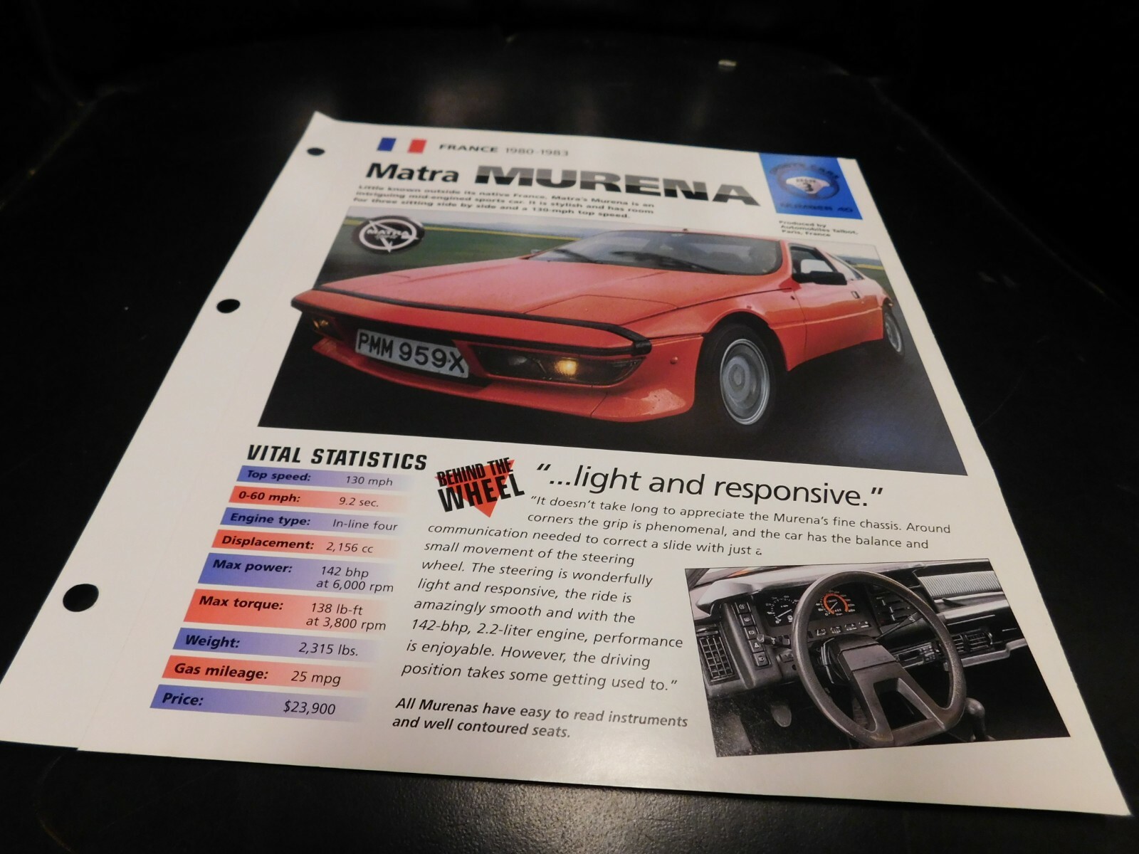 1980-1983 Matra Murena Spec Sheet Brochure Photo Poster  1981 1982 