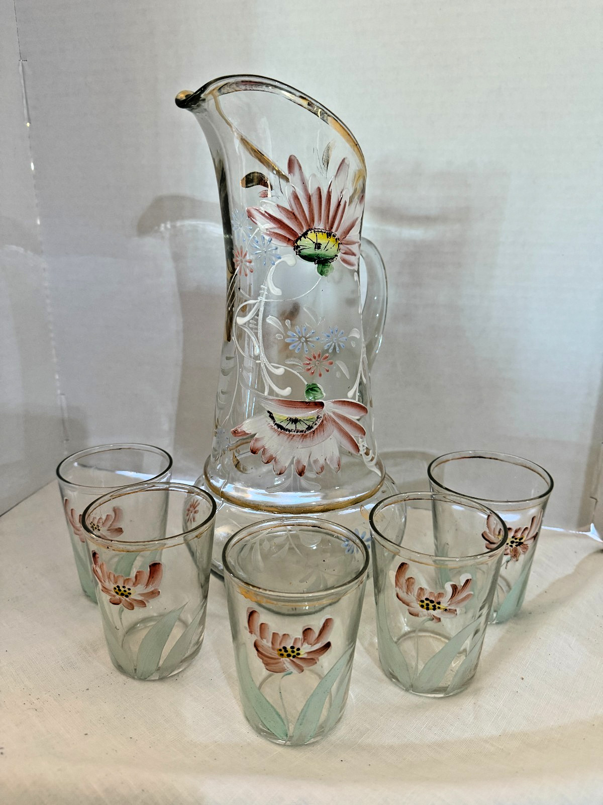 Antique 19th Century Enamel Painted Victorian Art Glass Pitcher/Tumblers 14\