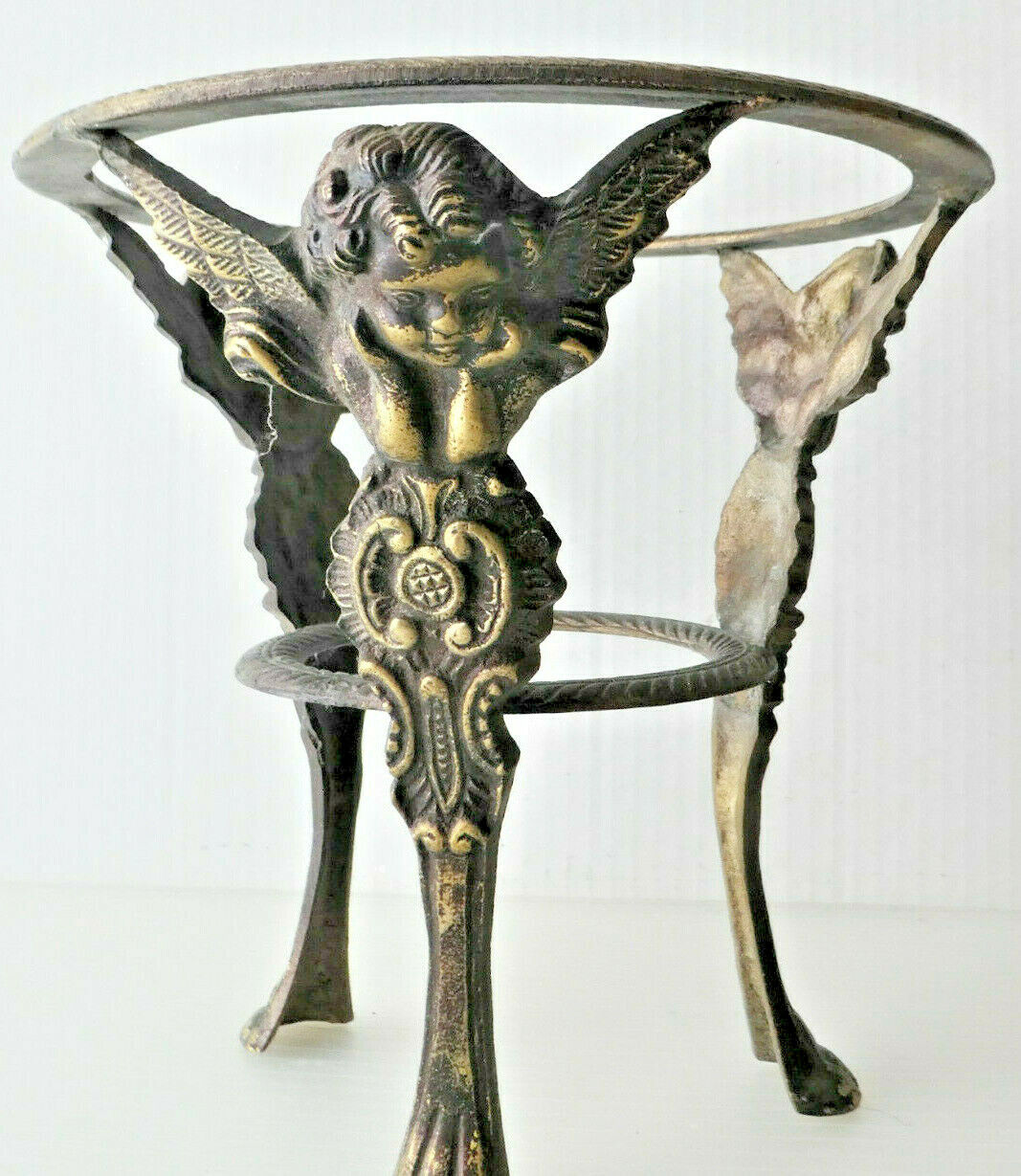 Art Nouveau  Solid Brass Sphere Stand Three Leg Footed  Trivet Decor Ornate Trip
