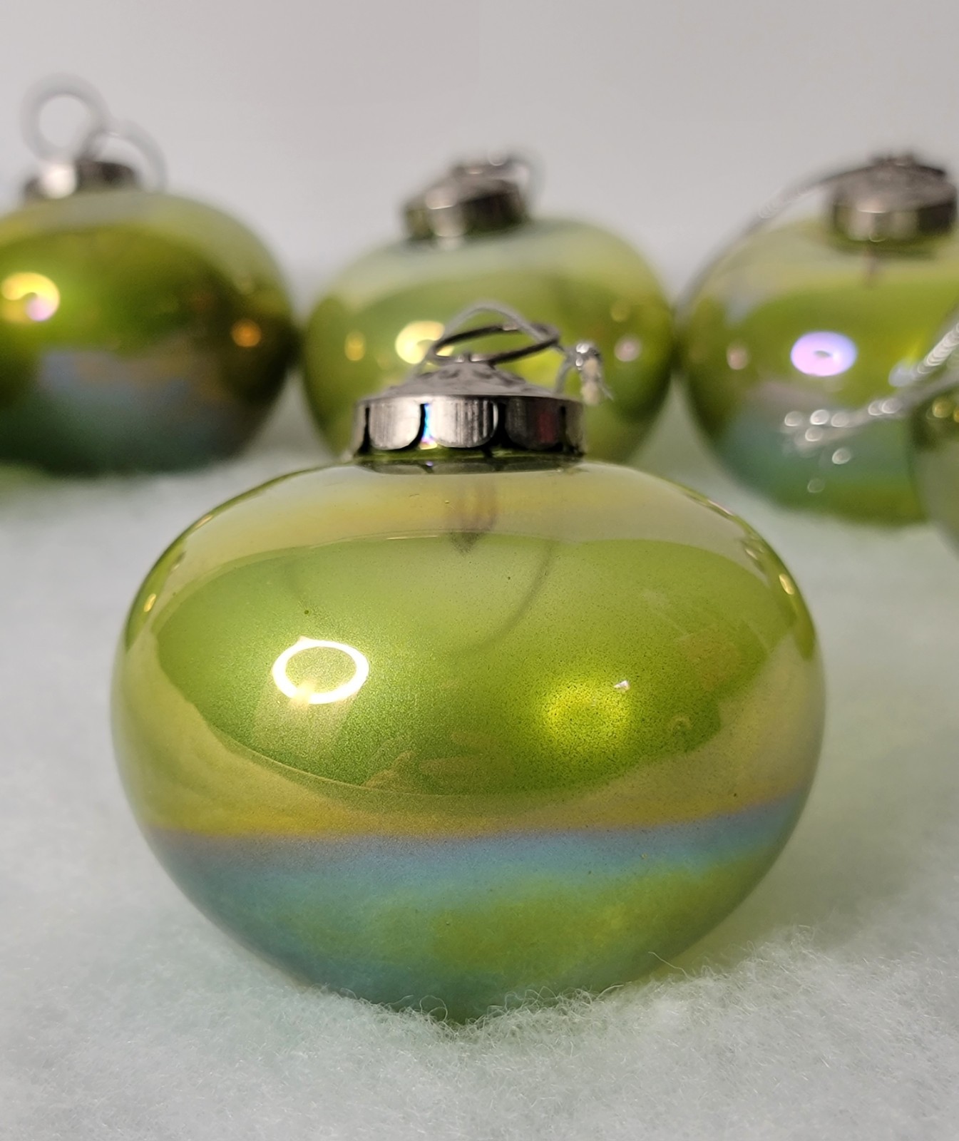Hand Blown Glass Christmas Ornaments Iridescent Green India Set of 6