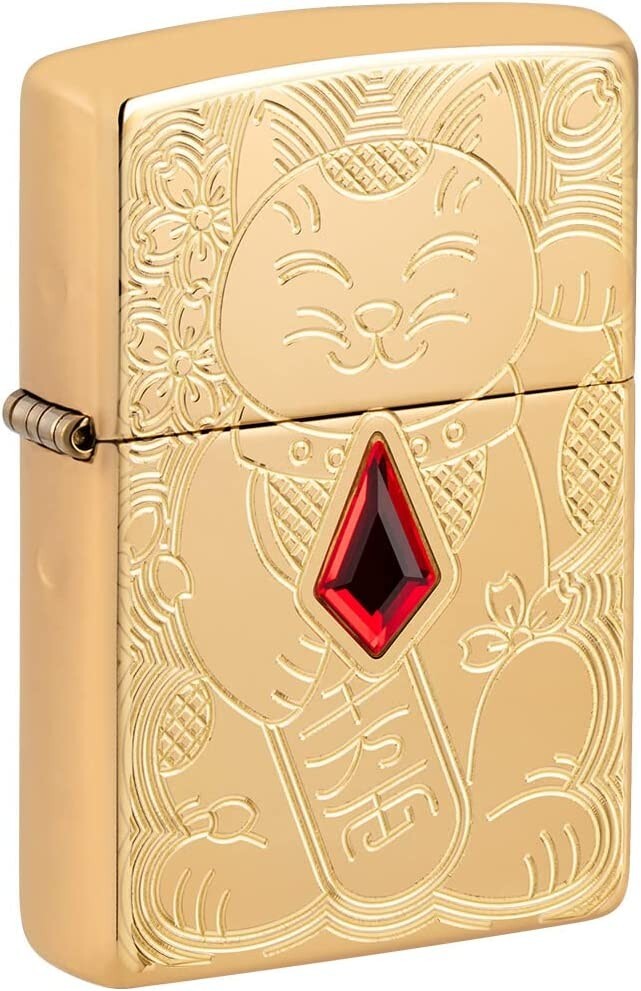 Zippo Lucky Cat Design Armor Deep Carved High Polish Brass 49802