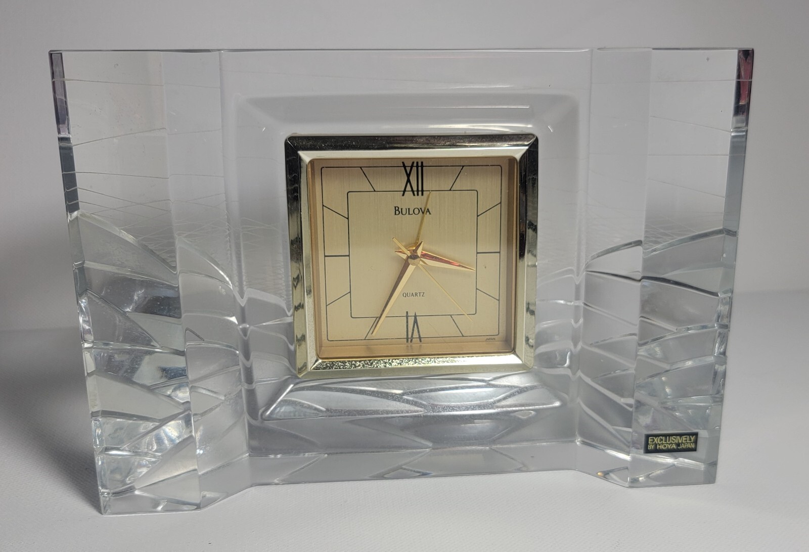 $546 Bulova Quartz Alarm Desk Clock B9803 clear crystal 5.5”H x 8”L x 1.5”W work