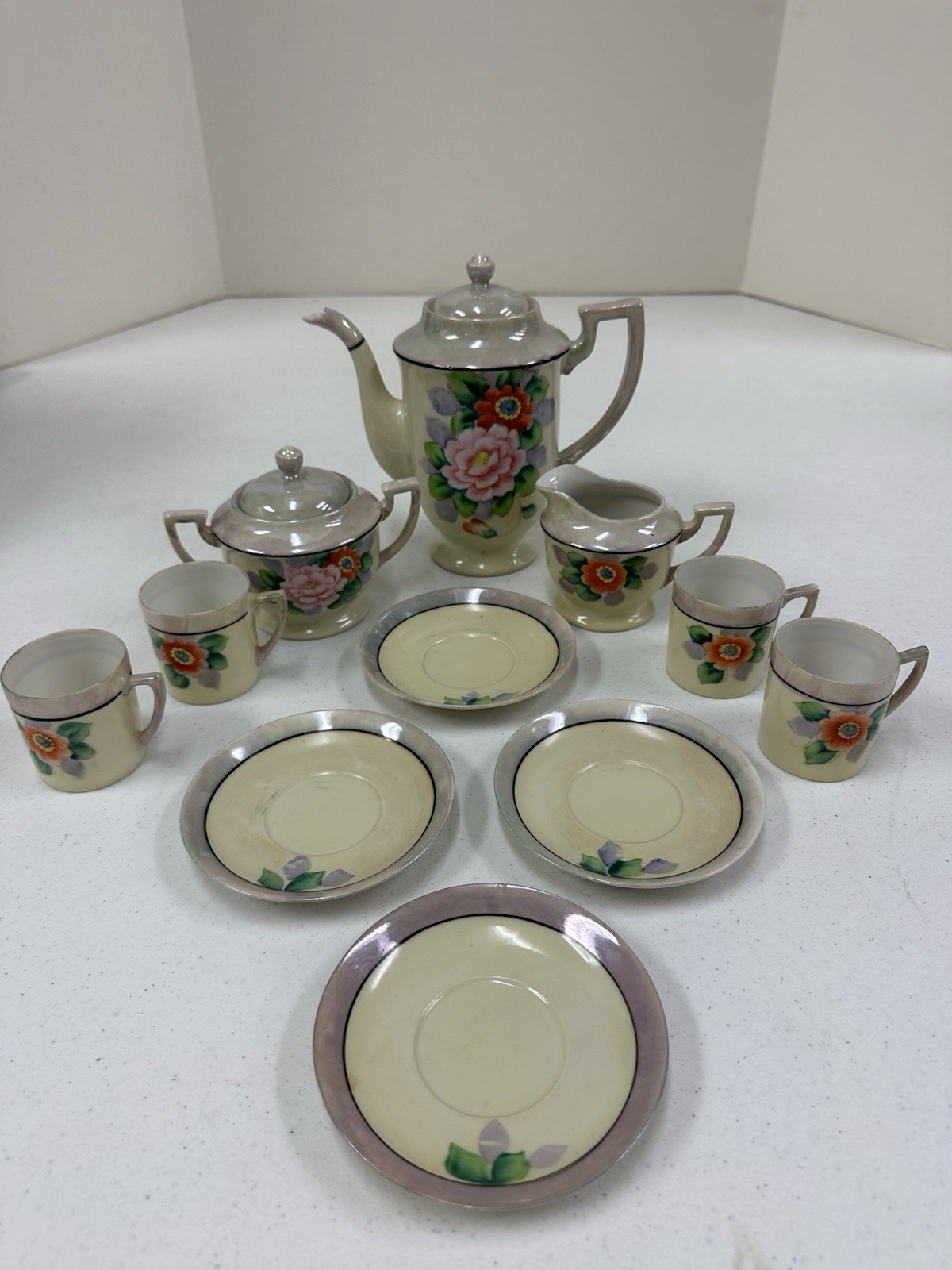 Antique Chikaramachi Japan Hand-Painted Raised Tea Set - Teapot, Sugar & Creamer Antique Chikaramachi Japan Hand-Painted Raised Tea Set - Teapot, Sugar & Creamer