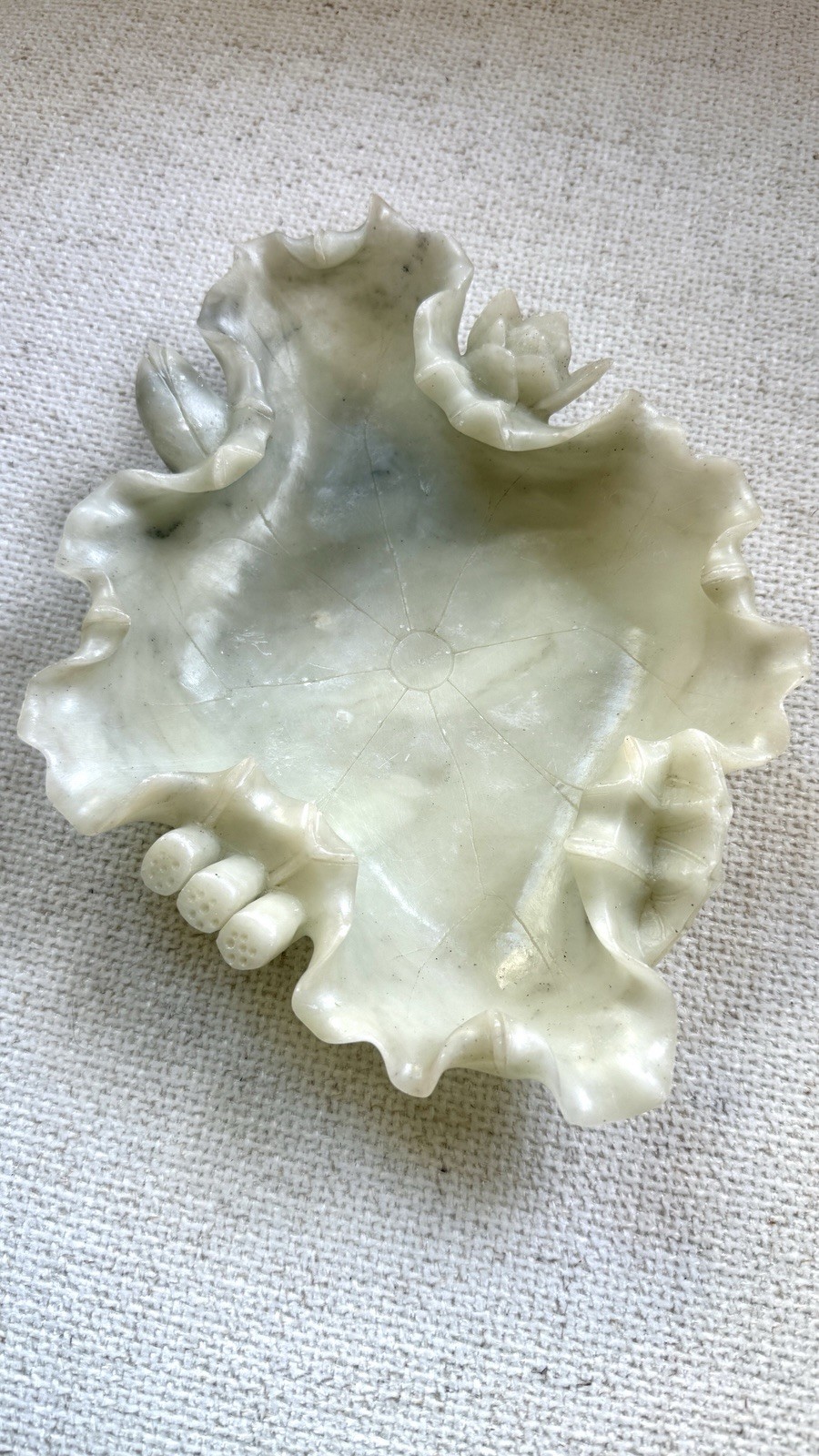Large Chinese Style Carved Lotus Leaf Stone Brush Washer Jade Nephrite Like 10in