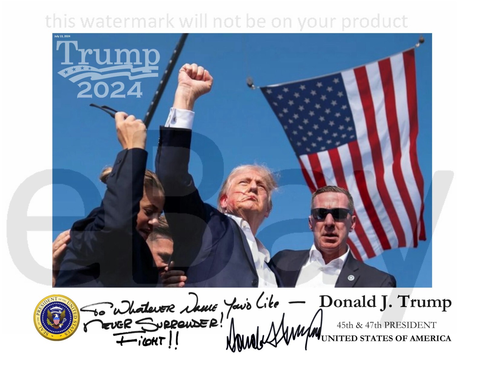 CUSTOM President Donald Trump assassination attempt autographed photograph 8x10 CUSTOM President Donald Trump assassination attempt autographed photograph 8x10
