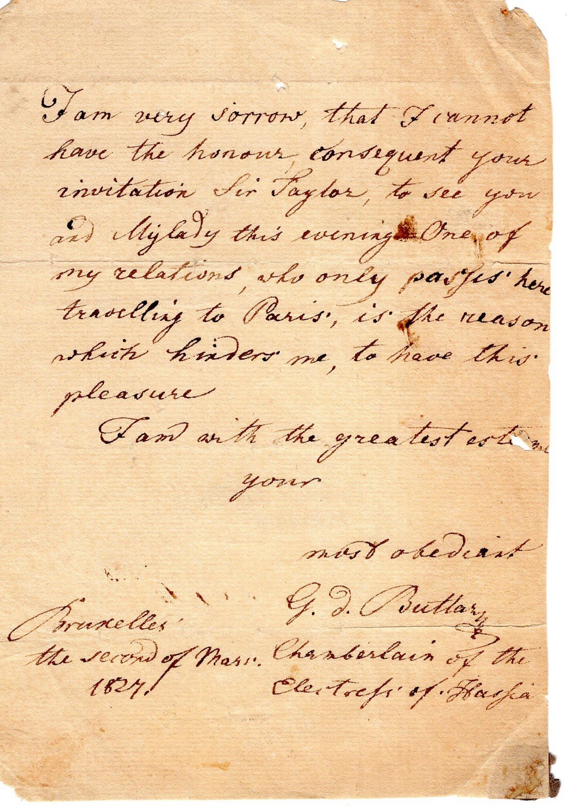 Antique 1827 Nobility Letter, German Chamberlain To British Diplomat, Rare Antique 1827 Nobility Letter, German Chamberlain To British Diplomat, Rare