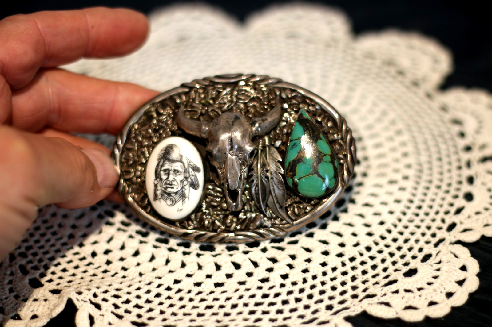 Herman Secatero heavy vintage Navajo sterling silver turquoise belt buckle Herman Secatero heavy vintage Navajo sterling silver turquoise belt buckle