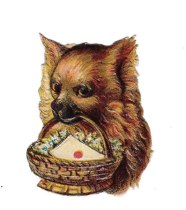 1888 Victorian Chromo, PUPPY DOG BASKET LOVENOTE, Antique Die-Cut Scrap, 1-3/4 1888 Victorian Chromo, PUPPY DOG BASKET LOVENOTE, Antique Die-Cut Scrap, 1-3/4