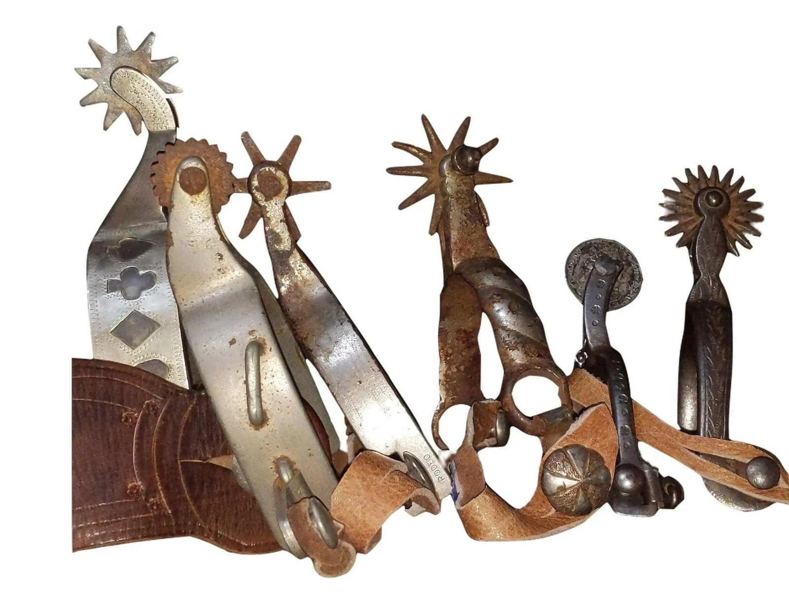 6 antique Odd Spurs Buermann, North & Judd, Rodeo, silver Mounted Cards, 1940 Ha 6 antique Odd Spurs Buermann, North & Judd, Rodeo, silver Mounted Cards, 1940 Ha
