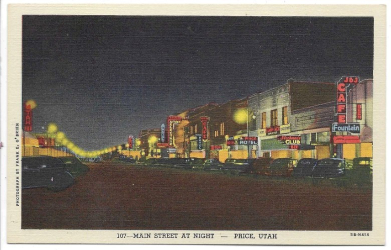 LINEN Postcard      MAIN STREET AT NIGHT  -  PRICE, UTAH