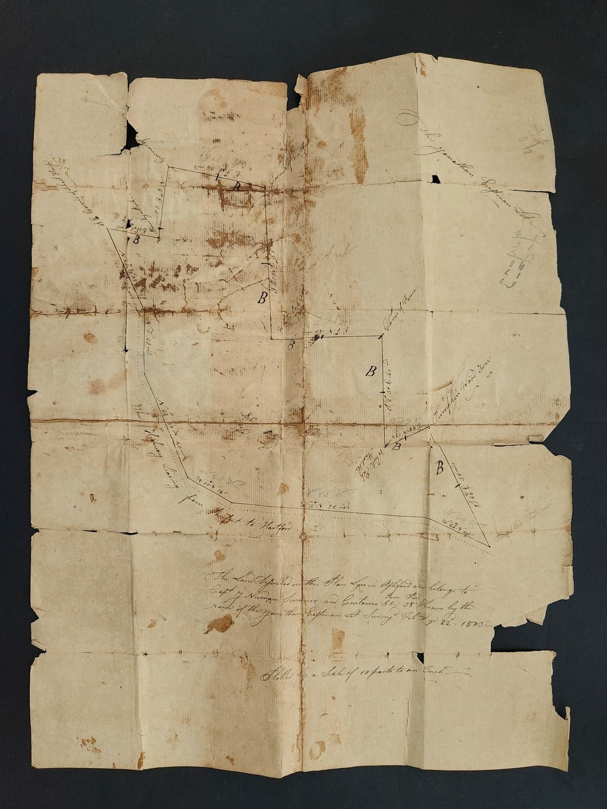 1833 antique PLATT LAND SURVEY MAP ashford ct CAPT NORMAN SUMNER hand drawn