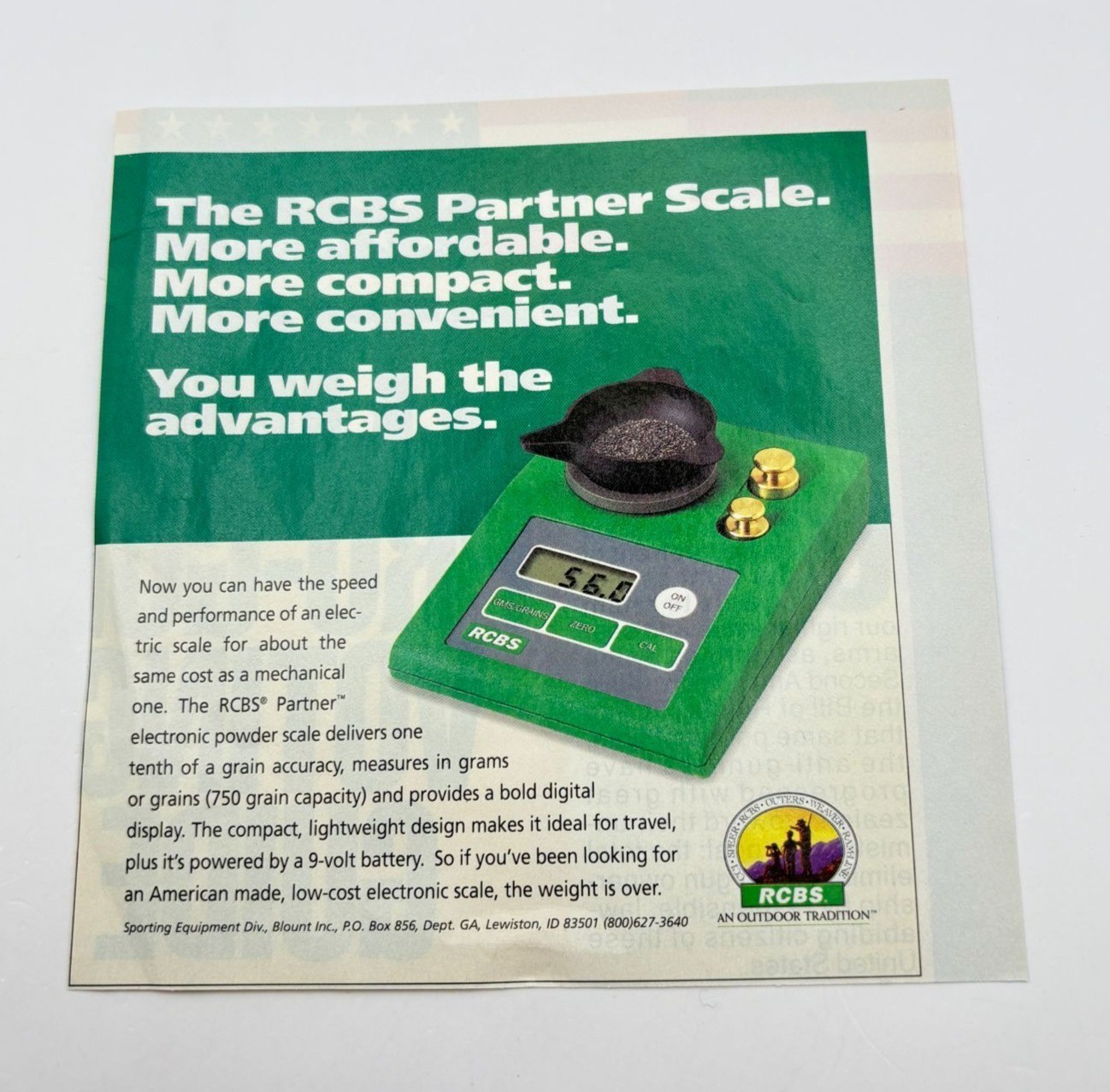 RCBS Partner Scale Vtg Print Ad 1990s Powder Scale Reloading Gear Weight Tool