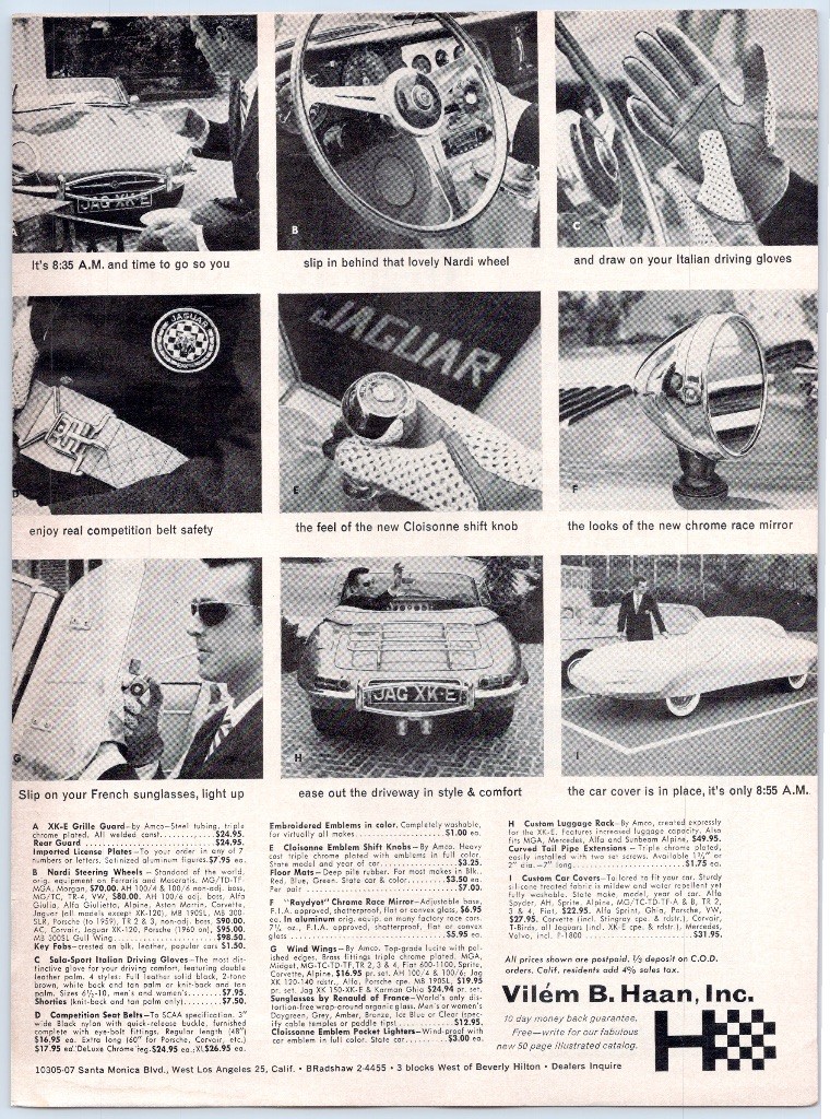 Vilem B Haan Jaguar XKE Accessories Nardi Wheel Los Angeles CA 1960s Print Ad