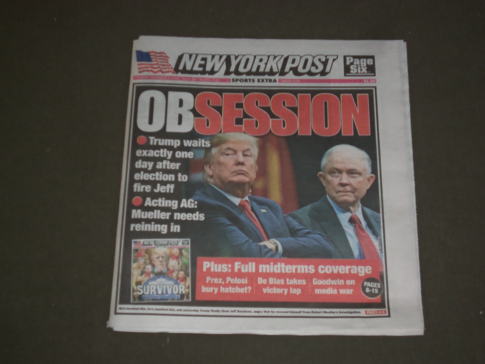 2018 NOVEMBER 8 NEW YORK POST NEWSPAPER - DONALD TRUMP FIRES JEFF SESSIONS 2018 NOVEMBER 8 NEW YORK POST NEWSPAPER - DONALD TRUMP FIRES JEFF SESSIONS