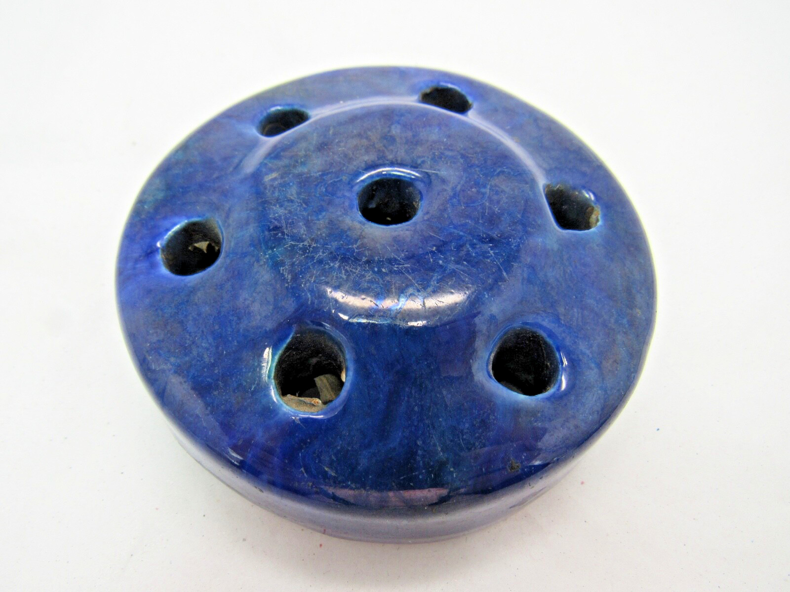 Vintage Blue Glaze Pottery Flower Frog ~ 7 Holes ~  3.5\